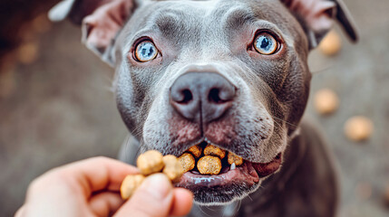 Dog happily eating a treat while being encouraged by its trainer in a bright room surrounded by warm and inviting colors.