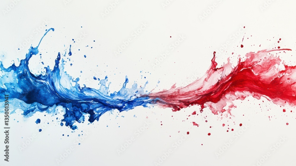 Poster abstract image of blue and red liquid splashes merging.