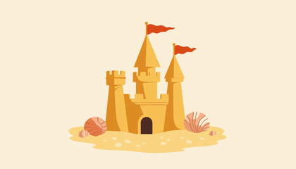 Sandcastle with Shells and Flags on Sandy Background  