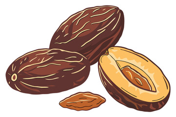5 Dates, dried fruit, medjool dates, wrinkled texture, amber color, glossy surface, close-up photography, white background, food photography, natural lighting, high detail, macro shot, organic shapes,
