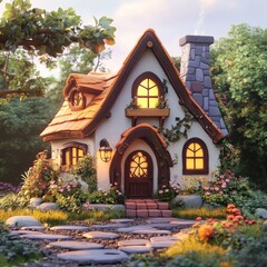 Charming Cottagecore Dream: A whimsical cottage nestled amidst lush greenery, bathed in the warm glow of sunset light, inviting you into a storybook world.