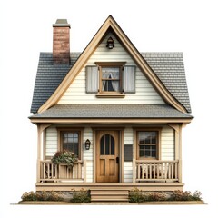 Fototapeta premium Charming Cottage with Gable Roof: A Quaint Home Featuring a Cozy Porch and Lush Garden in a Serene Setting 