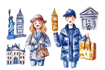 Obraz premium A colorful illustration of two travelers, one holding a clock tower replica and the other with a shopping bag, featuring iconic landmarks in a whimsical style.
