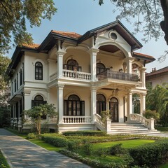 Obraz premium Elegant White Villa: A Colonial-Style Mansion with Landscaped Gardens and Balconies, Bathed in Warm Sunlight