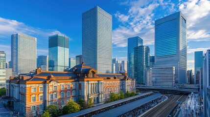 Naklejka premium Tokyo Station: Iconic Landmark in Marunouchi District, Showcasing Architectural Elegance and Bustling City Life