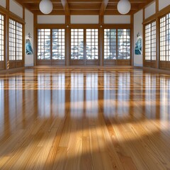 Embrace Serenity in a Minimalist Japanese-Inspired Room with Natural Light, Wooden Lines, and Elegant Shoji Screens Present