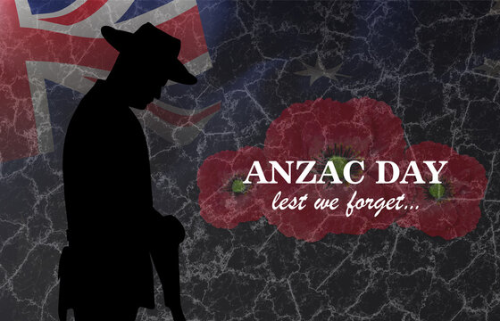 Anzac Day background. Silhouette of soldier on a stone background with Australis flag