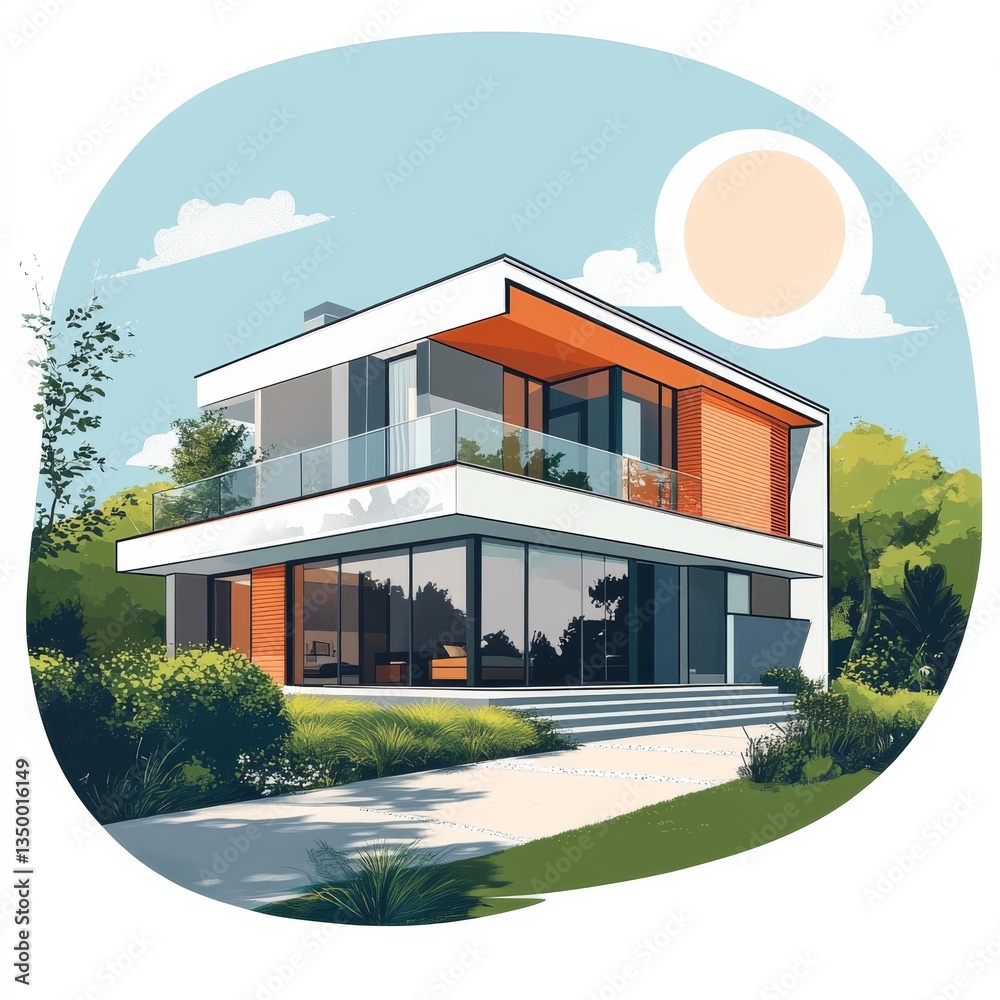 Poster modern two-story home with expansive windows and lush greenery, bathed in soft sunlight. a vision of