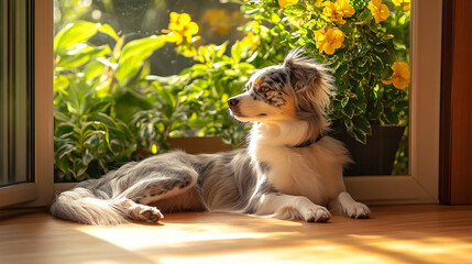 Dog sitting comfortably in front of a bright window while observing the outside world and awaiting commands from its owner.