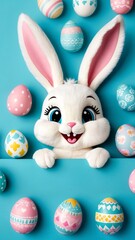 Obraz premium A white stuffed animal bunny peeking over a blue background surrounded by colorful Easter eggs.