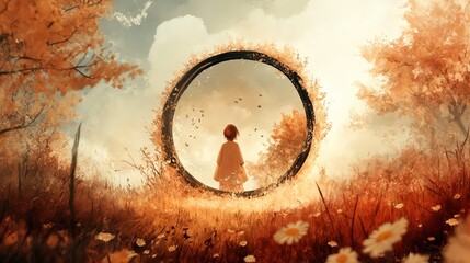 Una niña de pie frente a un círculo brillante en un campo de flores silvestres, con árboles y cielos otoñales en el fondo.