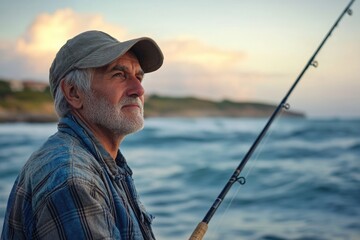 Elderly Man Casting a Line by the Oceanside: A Peaceful Scene of Fishing and Nature