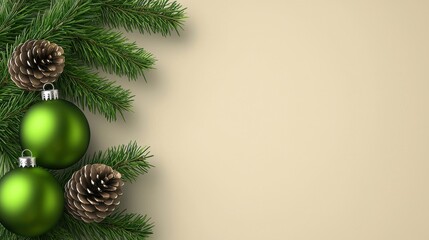 Delicate glass baubles glisten on lush pine branches with golden pine cones in an elegant and festive Christmas display