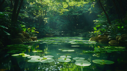 A peaceful pond covered with lily pads surrounded by dappled sunlight and tranquil reflections of nature's beauty.