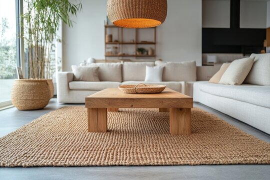 a cozy, light-filled living room with natural elements. A modern interior decor includes wooden furniture, a woven rug, and plants creating a welcoming and relaxing atmosphere