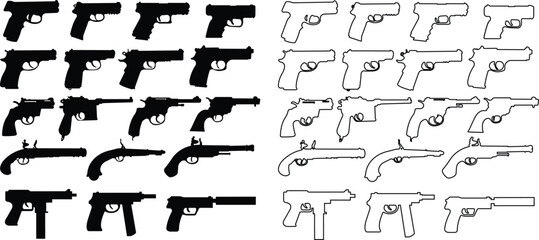 Pistol icon in flat, line set from army and war isolated on transparent background.