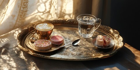 A tray of food and a cup of coffee sit on a table. The tray contains a variety of pastries and a spoon, while the cup is filled with water. Concept of relaxation and indulgence