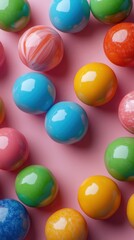 Colorful marbles scattered on a pink background create a playful and vibrant atmosphere in this fun display