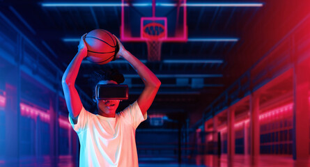 Basketball player shooting basketball hologram at futuristic sport arena. Energetic athlete or...