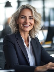Obraz premium A smiling, grey-haired businesswoman in a modern office environment. She is wearing professional business attire and appears confident.