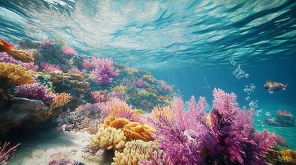 Naklejka premium Underwater Coral Reef With Colorful Fish and Sunlight