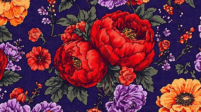 Vibrant floral pattern with red peonies and smaller flowers on a dark blue background.