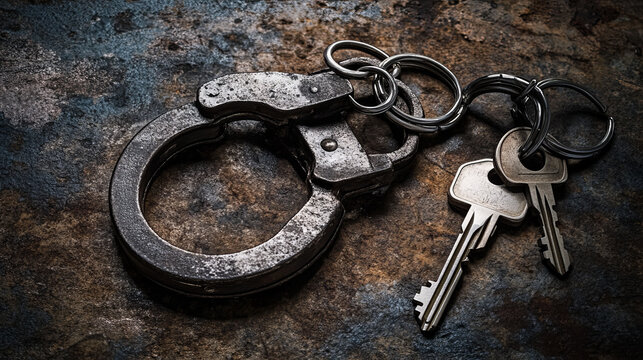 Closed handcuffs and padlock with keys. Concept of police arrest, jail custody. Vector realistic set of metal handcuffs for crime or gang, lock for prison and keys isolated on white background