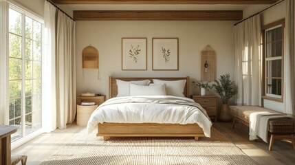 modern farmhouse bedroom, a modern farmhouse bedroom with cozy linen bedding, wood accents, and natural light