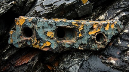 Weathered metal piece with holes on dark rocks.