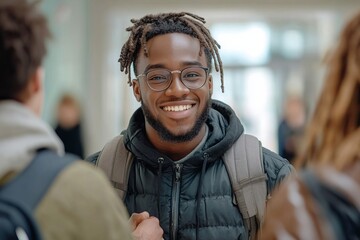 Obraz premium a friendly young man smiling at the camera in a school hallway, surrounded by his friends. He wears glasses and a backpack