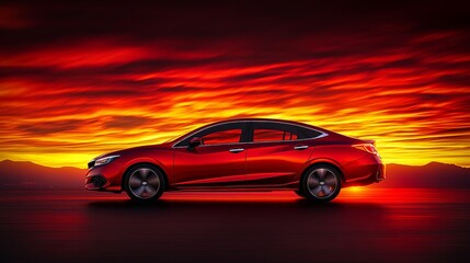 Fiery Sunset Drive: A Red Car on the Horizon