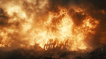 Inferno's Embrace: A Fiery Structure Collapses in Embers