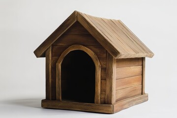 A wooden dog house with a dark arched entrance stands alone