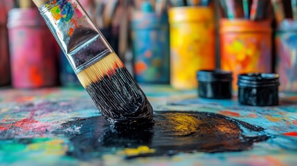 Fototapeta premium Close-up of paintbrush dipping into black paint on a colorful palette.