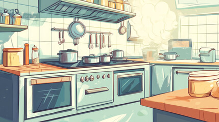 Professional kitchen interior with equipment and furniture. Vector cartoon illustration of large room with stainless steel fridge, oven, microwave, steam over pans on cooker. Restaurant business