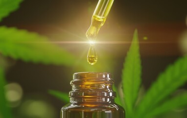 Macro close-up of golden CBD oil dripping from a glass dropper into a small amber bottle, soft natural light, blurred hemp leaves in background, high detail, cinematic focus