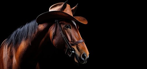 Majestic stallion with a vintage cowboy hat tilted on its head, rugged leather details, dramatic Western lighting, cinematic close-up, high detail