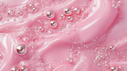Pink candy drips with scattered pearls on transparent background - flowing sweet streams, sugary glaze pattern with glossy melted texture and shiny decorative spheres. Confectionery design element.