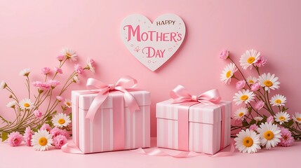 Elegant Mother's Day celebration scene with pastel pink gift boxes, heart-shaped sign, and pink flowers on soft pink background  