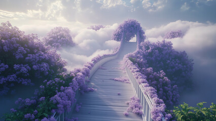 Stunning pathway adorned with purple flowers leading into mystical clouds at sunrise