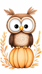 Fototapeta premium Cute cartoon owl perched on an autumn pumpkin, surrounded by fall foliage