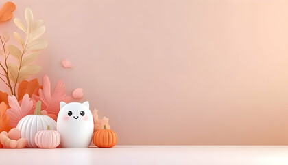 Cute cat with autumn leaves and pumpkins on a pink background