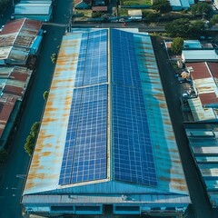Aerial View of Solar Panels on Industrial Building Rooftop.