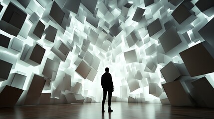Person Standing in Illuminated Room with Floating White Cubes Abstract Design