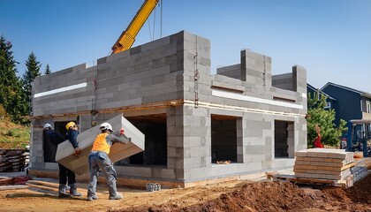 Fototapeta premium Workers lifting large concrete blocks to build the exterior walls of a home, demonstrating teamwork, modern construction techniques, and structural development of a residential building. 