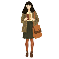 Cozy Student Girl Illustration, Vintage Autumn Outfit, Muted-Tone Fashion Drawing, Warm Neutral Colors, Book Lover Aesthetic, Hand-Drawn Digital Art, Minimalist Clothing Sketch, Retro Academia Style