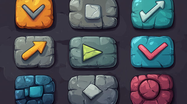 Ui stone texture game button frame cartoon vector set. Medieval interface board element kit for mobile app menu with play, pause, plus, cross, arrow and check isolated item template collection