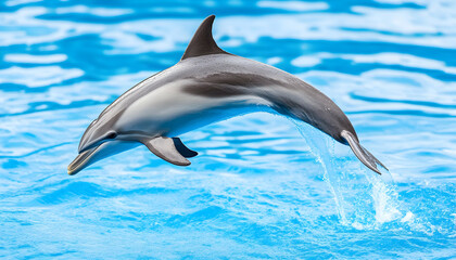 Dolphin leaping from vibrant blue water, displaying sleek body and powerful movement
