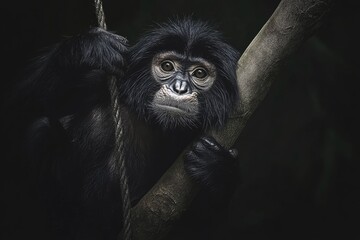 Obraz premium Siamang Monkey Suspended Playfully from Tree Branch in Lush Jungle Setting