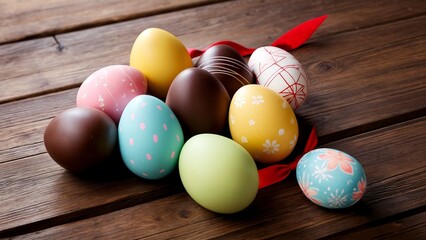 A group of chocolate easter eggs sitting on top of a wooden table.